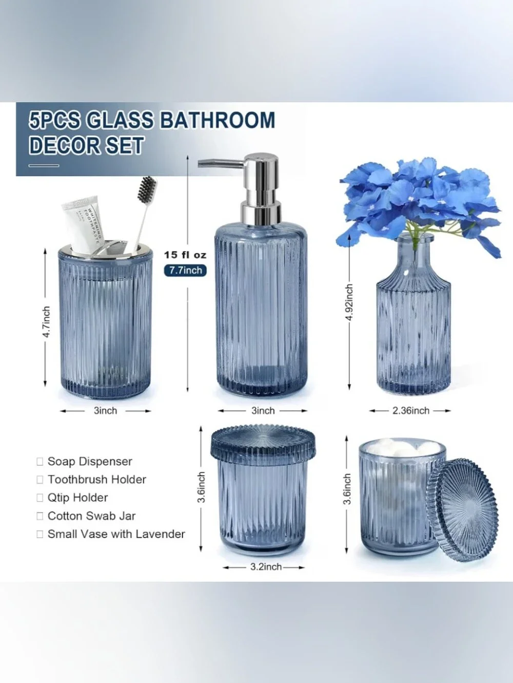 Blue Bathroom Accessories 5 Pcs, Glass Bathroom Accessory Set